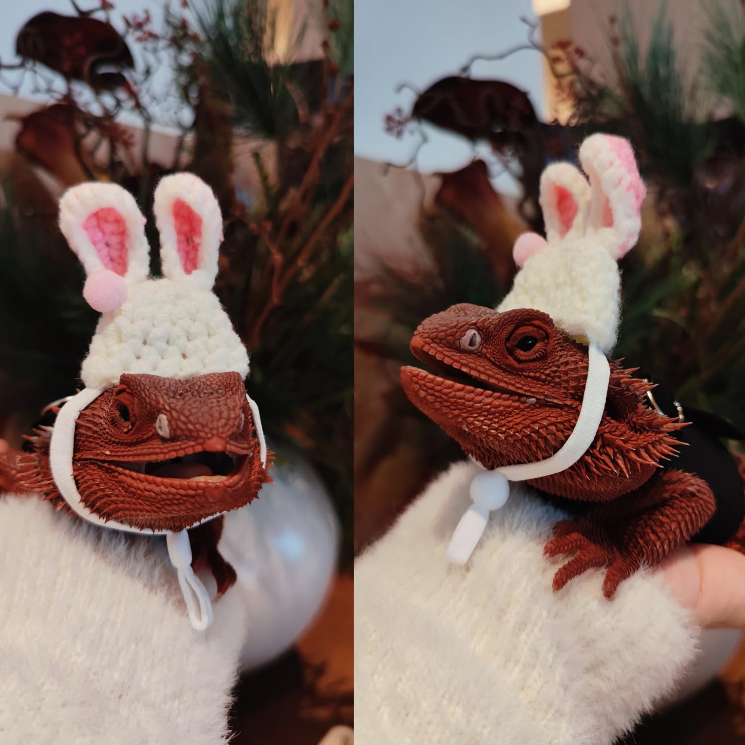 Bearded Dragon Bunny Hat for Easter - Hand Knitted Small Animal Bunny Ears Cap with Adjustable Strap Halloween Costume Outfit Clothes Accessories for Rat Hamster Hedgehog Snake...