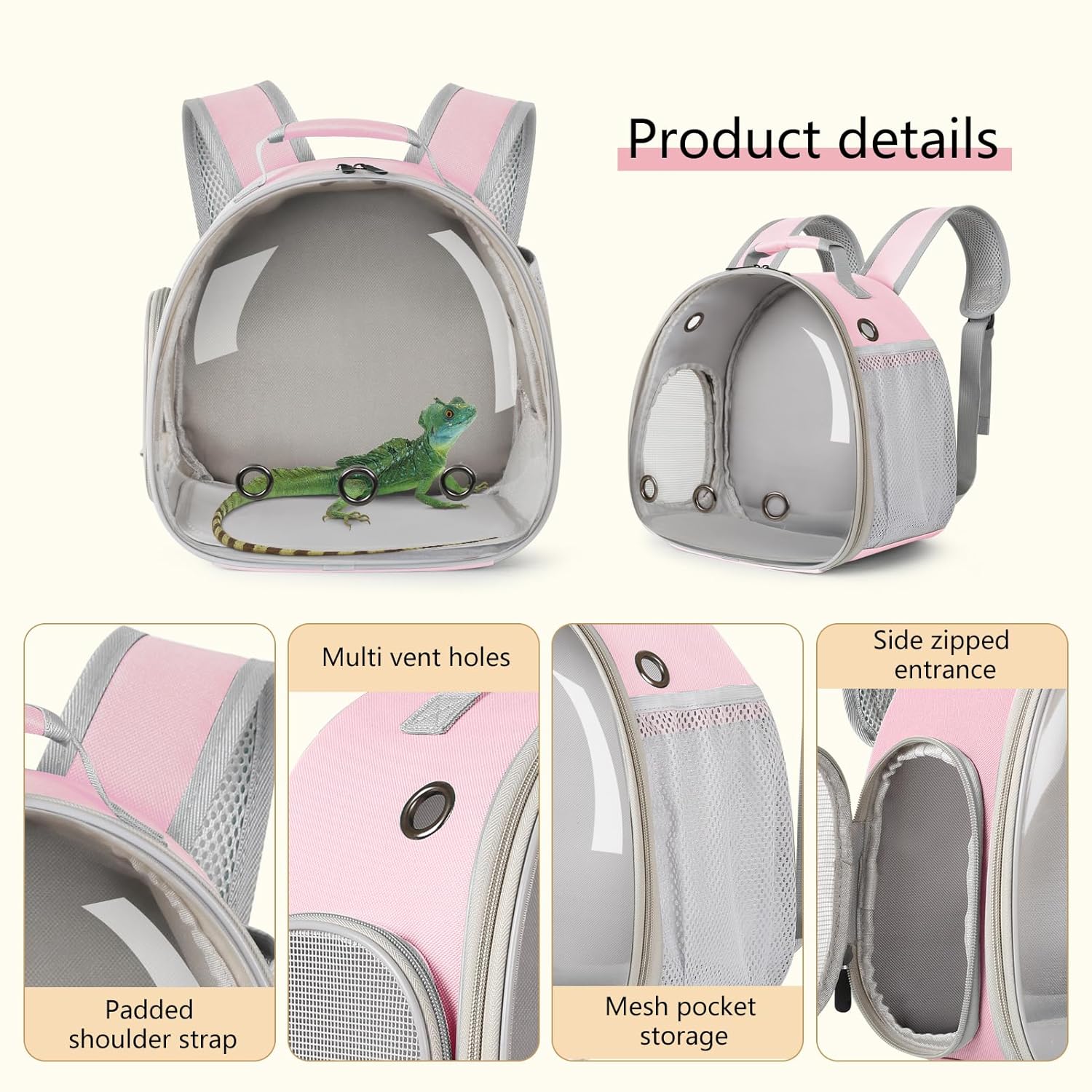 Bearded Dragon Carrier Backpack with Security Printing Harness Set, Reptile Lizard Travel Carrier (Pink, Mommy Harness)