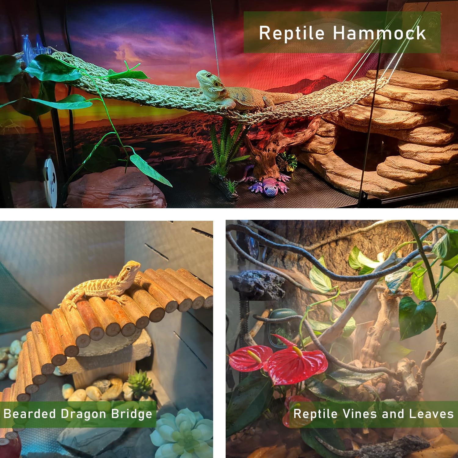 Bearded Dragon Tank Accessories, Reptile Mat Hammock Plants Bridge Jungle Climber Vines Terrarium Decorations for Leopard Gecko, Hermit Crab Lizard Snake (9 PCS Without Reptile...