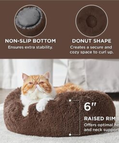 Bedsure Calming Cat Beds for Indoor Cats - Small Cat Bed Washable 20 inches, Anti-Slip Round Fluffy Plush Faux Fur Pet Bed, Fits up to 15 lbs Pets, Coffee