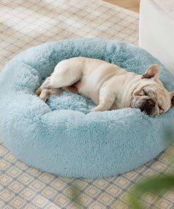 Bedsure Calming Dog Bed for Medium Dogs - Donut Washable Medium Pet Bed, 30 inches Anti-Slip Round Fluffy Plush Faux Fur Cat Bed, Fits up to 45 lbs Pets, Aqua Blue