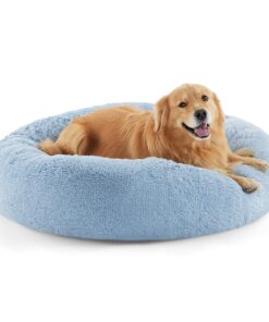 Bedsure Calming Dog Bed for Medium Dogs - Donut Washable Medium Pet Bed, 30 inches Anti-Slip Round Fluffy Plush Faux Fur Cat Bed, Fits up to 45 lbs Pets, Aqua Blue