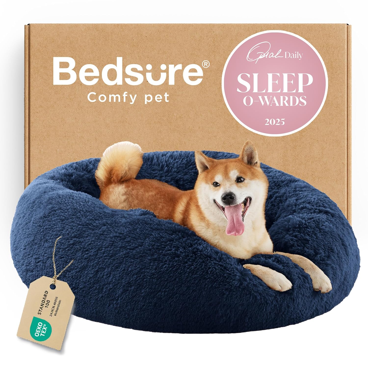 Bedsure Calming Dog Bed for Medium Dogs - Donut Washable Medium Pet Bed, 30 inches Anti-Slip Round Fluffy Plush Faux Fur Cat Bed, Fits up to 45 lbs Pets, Aqua Blue