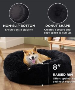 Bedsure Calming Dog Bed for Medium Dogs - Donut Washable Medium Pet Bed, 30 inches Anti-Slip Round Fluffy Plush Faux Fur Cat Bed, Fits up to 45 lbs Pets, Black