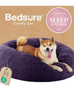 Bedsure Calming Dog Bed for Medium Dogs - Donut Washable Medium Pet Bed, 30 inches Anti-Slip Round Fluffy Plush Faux Fur Cat Bed, Fits up to 45 lbs Pets, Black