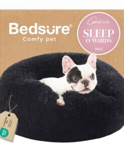 Bedsure Calming Dog Bed for Medium Dogs - Donut Washable Medium Pet Bed, 30 inches Anti-Slip Round Fluffy Plush Faux Fur Cat Bed, Fits up to 45 lbs Pets, Black