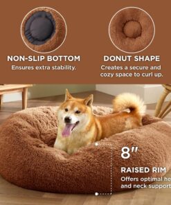 Bedsure Calming Dog Bed for Medium Dogs - Donut Washable Medium Pet Bed, 30 inches Anti-Slip Round Fluffy Plush Faux Fur Cat Bed, Fits up to 45 lbs Pets, Copper