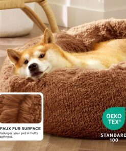 Bedsure Calming Dog Bed for Medium Dogs - Donut Washable Medium Pet Bed, 30 inches Anti-Slip Round Fluffy Plush Faux Fur Cat Bed, Fits up to 45 lbs Pets, Copper