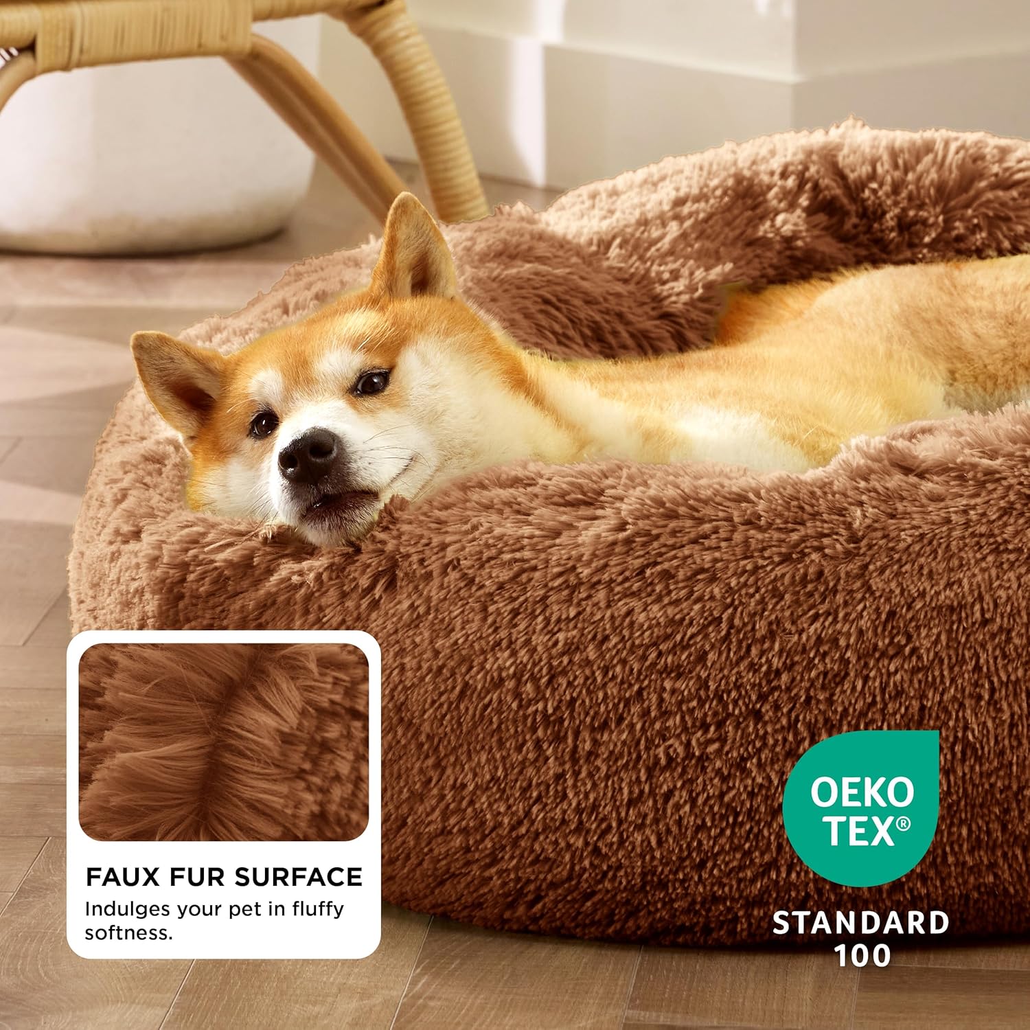 Bedsure Calming Dog Bed for Medium Dogs - Donut Washable Medium Pet Bed, 30 inches Anti-Slip Round Fluffy Plush Faux Fur Cat Bed, Fits up to 45 lbs Pets, Copper