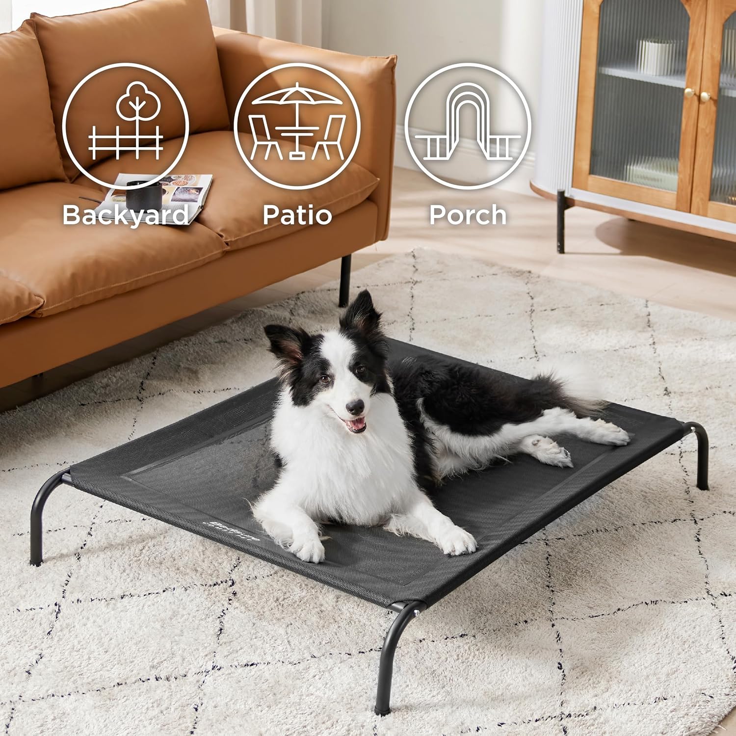 Bedsure Outdoor Elevated Dog Bed Large Sized Dog, Portable Indoor & Outdoor Cooling Raised Cot Pet Hammock Bed with Skid-Resistant Feet, Frame with Breathable Mesh, Black, 49...