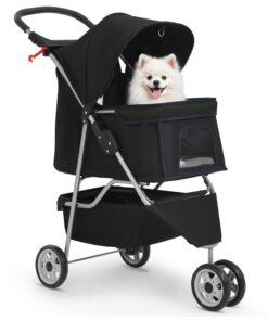 BestPet | 3-Wheel Pet Stroller | Dog and Cat Stroller | Breathable Mesh | Lightweight Travel Carrier | Waterproof & Foldable Design | Storage Basket | Black | for Daily Walks &...