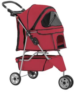 BestPet 3 Wheels Pet Dog Stroller Cat Cage for Medium Small Dogs Cats Travel Folding Carrier Waterproof Puppy Stroller with Cup Holder & Removable Liner,Red