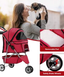 BestPet 3 Wheels Pet Dog Stroller Cat Cage for Medium Small Dogs Cats Travel Folding Carrier Waterproof Puppy Stroller with Cup Holder & Removable Liner,Red