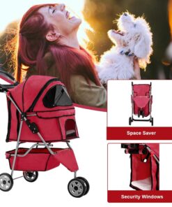 BestPet 3 Wheels Pet Dog Stroller Cat Cage for Medium Small Dogs Cats Travel Folding Carrier Waterproof Puppy Stroller with Cup Holder & Removable Liner,Red