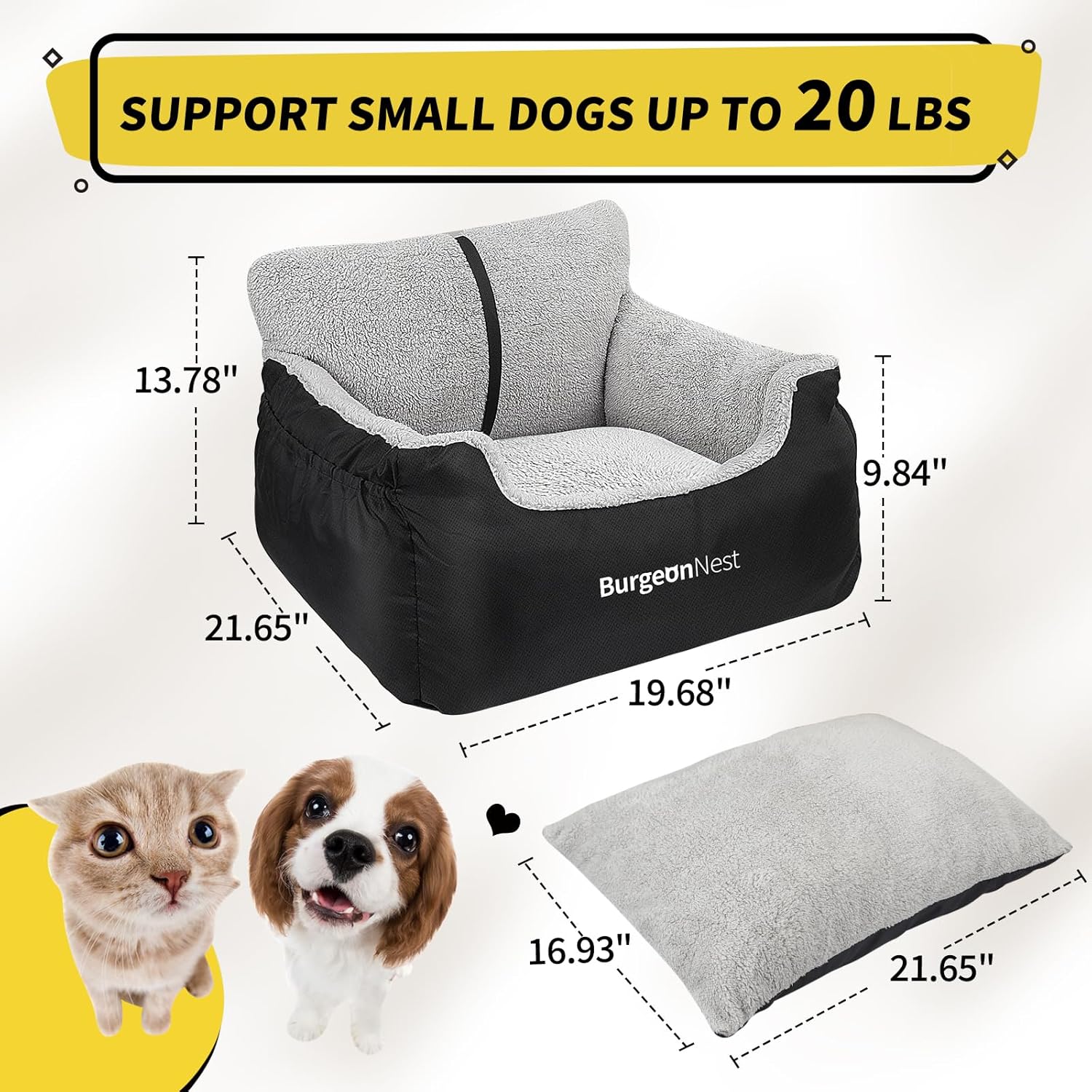 BurgeonNest Dog Car Seat for Small Dogs, Soft Pet Car Travel Home Bed Under 25 lbs, Fully Detachable and Washable Cat Booster Carseats with Storage Pockets and Clip-On Leash...