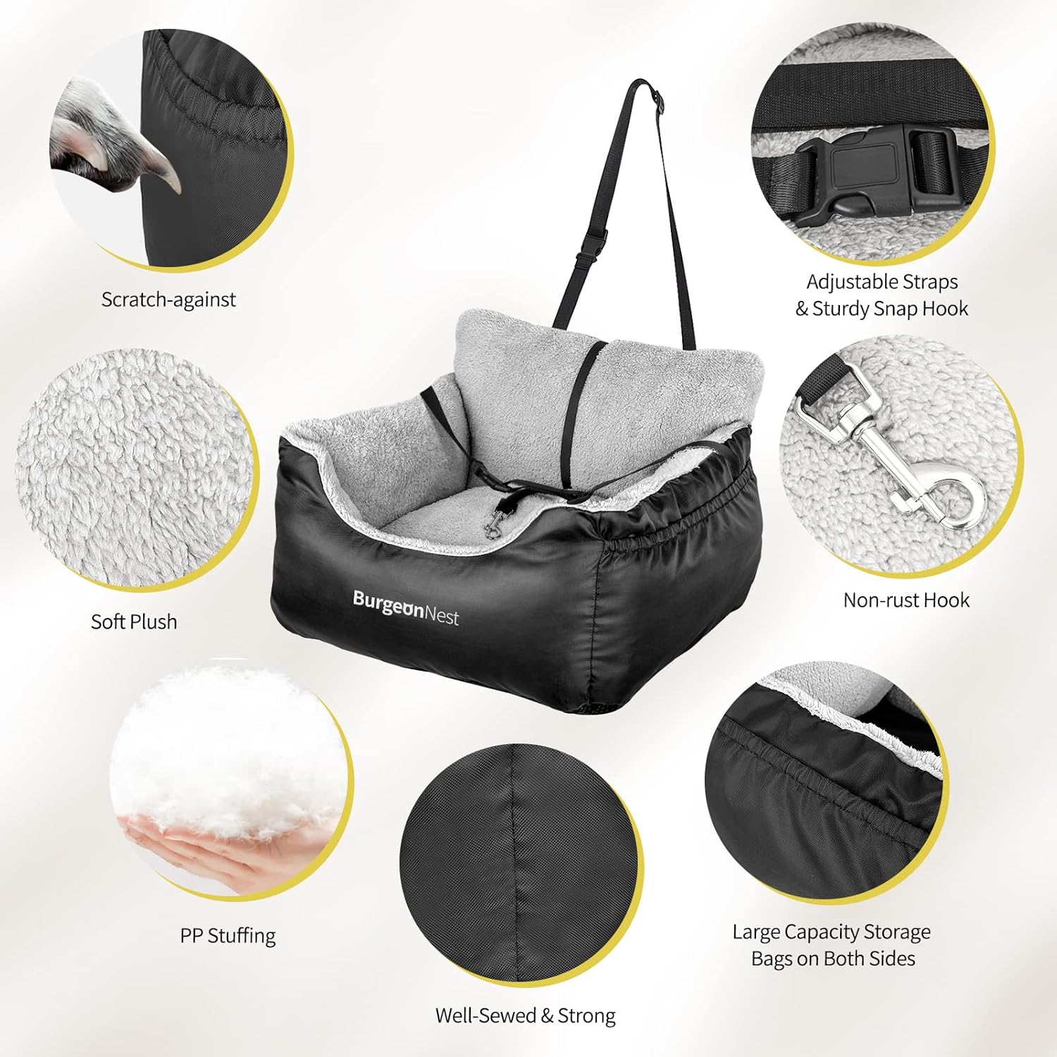 BurgeonNest Dog Car Seat for Small Dogs, Soft Pet Car Travel Home Bed Under 25 lbs, Fully Detachable and Washable Cat Booster Carseats with Storage Pockets and Clip-On Leash...