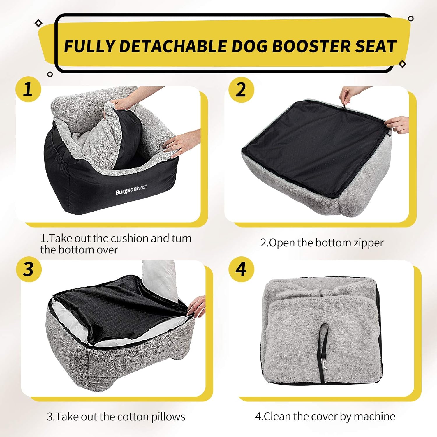BurgeonNest Dog Car Seat for Small Dogs, Soft Pet Car Travel Home Bed Under 25 lbs, Fully Detachable and Washable Cat Booster Carseats with Storage Pockets and Clip-On Leash...