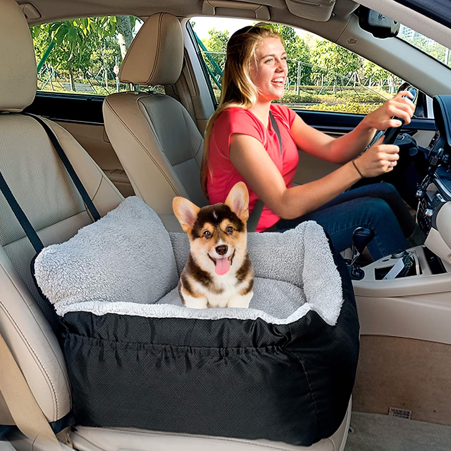 BurgeonNest Dog Car Seat for Small Dogs, Soft Pet Car Travel Home Bed Under 25 lbs, Fully Detachable and Washable Cat Booster Carseats with Storage Pockets and Clip-On Leash...