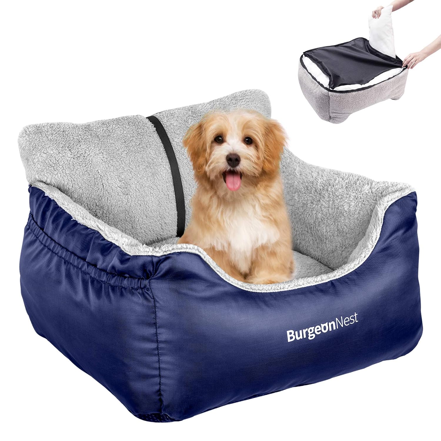 BurgeonNest Dog Car Seat for Small Dogs, Soft Pet Car Travel Home Bed Under 25 lbs, Fully Detachable and Washable Cat Booster Carseats with Storage Pockets and Clip-On Leash...