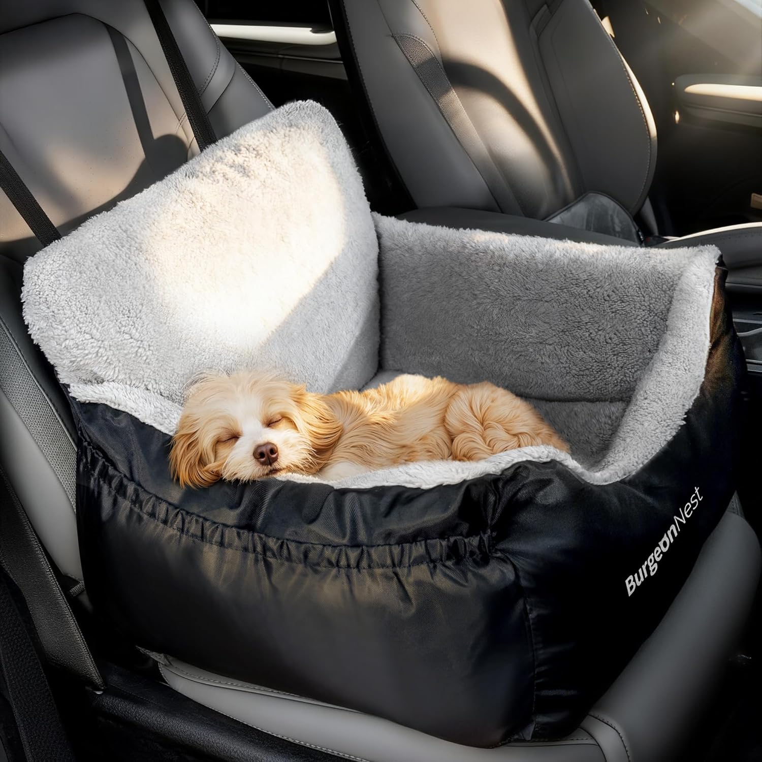 BurgeonNest Dog Car Seat for Small Dogs, Soft Pet Car Travel Home Bed Under 25 lbs, Fully Detachable and Washable Cat Booster Carseats with Storage Pockets and Clip-On Leash...