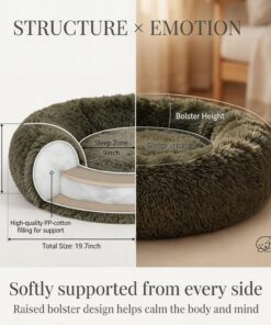 Calming Donut Dogs Beds for Small Dogs Washable,19inch Fluffy Round Puppy Bed for Puppies,Cats & Toy Breeds with Raised Rim,Fits up to 15 lbs Pets,Army Green
