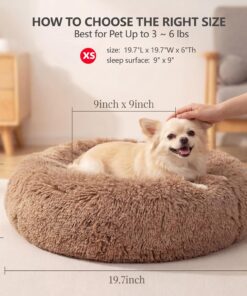 Calming Donut Dogs Beds for Small Dogs Washable,19inch Fluffy Round Puppy Bed for Puppies,Cats & Toy Breeds with Raised Rim,Fits up to 15 lbs Pets,Camel