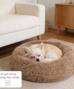 Calming Donut Dogs Beds for Small Dogs Washable,19inch Fluffy Round Puppy Bed for Puppies,Cats & Toy Breeds with Raised Rim,Fits up to 15 lbs Pets,Camel