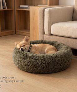 Calming Donut Dogs Beds for Small Dogs Washable,19inch Fluffy Round Puppy Bed for Puppies,Cats & Toy Breeds with Raised Rim,Fits up to 15 lbs Pets,Army Green