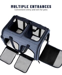 Cat Carrier for 2 Cats, Foldable Double Cat and Dog Carrier, Small to Medium Size, 2 Front Zippered Compartments,Two Pets Carrier for Outdoor Travel,Mulitple Cat Carrier, Grey