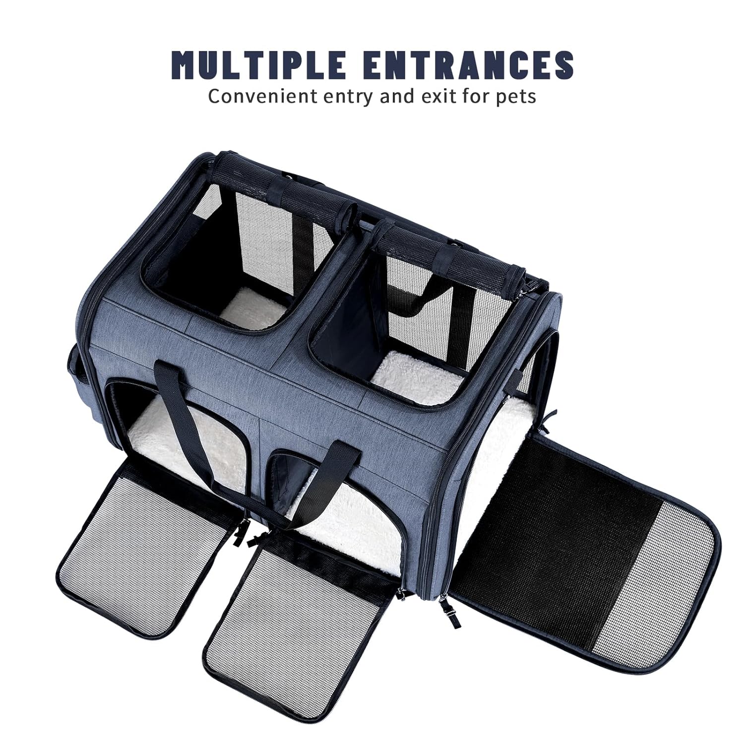 Cat Carrier for 2 Cats, Foldable Double Cat and Dog Carrier, Small to Medium Size, 2 Front Zippered Compartments,Two Pets Carrier for Outdoor Travel,Mulitple Cat Carrier, Grey