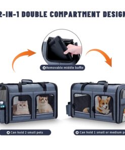 Cat Carrier for 2 Cats, Foldable Double Cat and Dog Carrier, Small to Medium Size, 2 Front Zippered Compartments,Two Pets Carrier for Outdoor Travel,Mulitple Cat Carrier, Grey