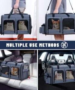 Cat Carrier for 2 Cats, Foldable Double Cat and Dog Carrier, Small to Medium Size, 2 Front Zippered Compartments,Two Pets Carrier for Outdoor Travel,Mulitple Cat Carrier, Grey