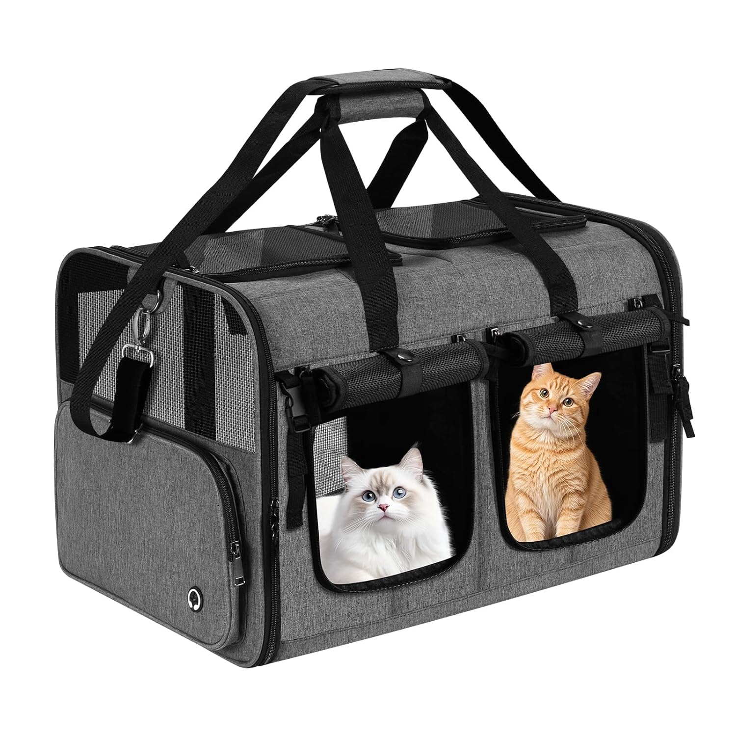 Cat Carrier for 2 Cats, Foldable Double Cat and Dog Carrier, Small to Medium Size, 2 Front Zippered Compartments,Two Pets Carrier for Outdoor Travel,Mulitple Cat Carrier, Grey
