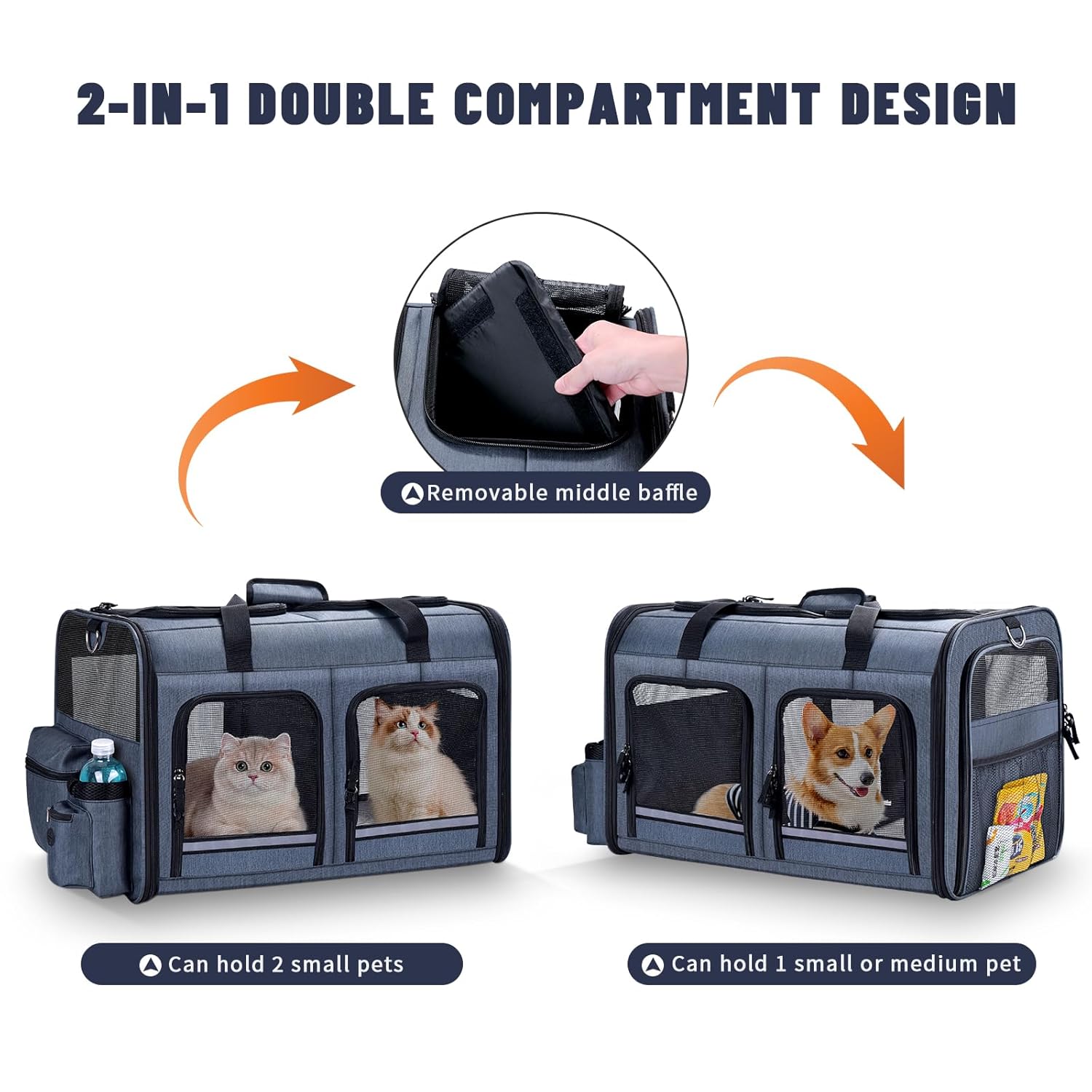Cat Carrier for 2 Cats, Foldable Double Cat and Dog Carrier, Small to Medium Size, 2 Front Zippered Compartments,Two Pets Carrier for Outdoor Travel,Mulitple Cat Carrier, Grey