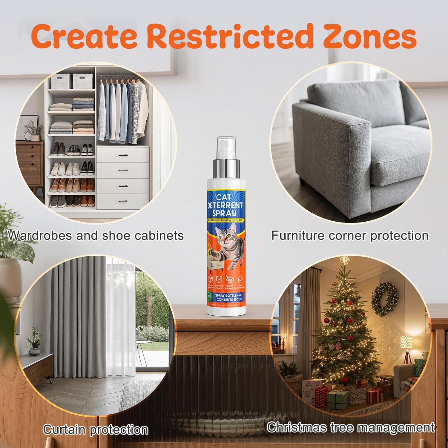 Cat Deterrent Spray for Furniture Protection, Pee Spraying, Excessive Chewing & Scratching Everywhere, Cat Repellent Indoor and Outdoor, Pet-Safe Formula, 5.07 Fl Oz