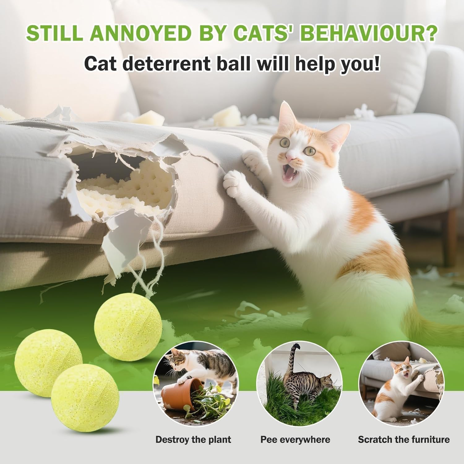 Cat Repellent Outdoor & Indoor, Natural Cat Deterrent Balls with Essential Oils to Help Keep Cats Off Yard, Garden, Lawn, Plants, Furniture & Trash Can Areas, Long-Lasting...