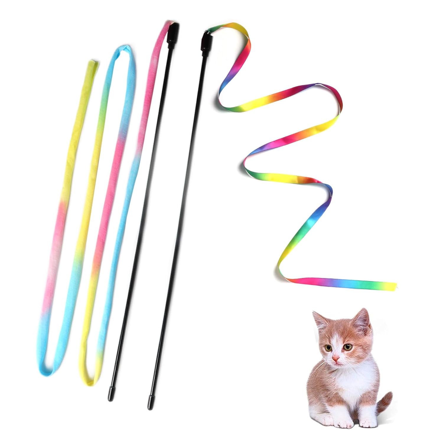 Cat Wand Toys Interactive Kitten Toys for Indoor Cats Colorful Teaser Wand String for Exercise Kitten Stick Kitty Rope Toy Rainbow Ribbon Cat Charmer -2Pcs