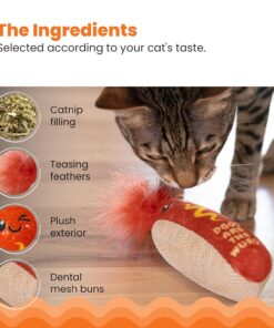 Catstages Hotdog Kicker Toy with Catnip and Dental Mesh, Hot Dog Shape, Plush and Feather Cat Toy for Kicking, Tossing, and Teeth Cleaning, Brown