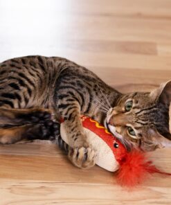 Catstages Hotdog Kicker Toy with Catnip and Dental Mesh, Hot Dog Shape, Plush and Feather Cat Toy for Kicking, Tossing, and Teeth Cleaning, Brown