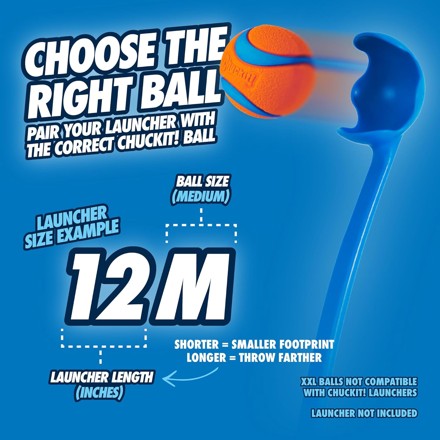 Chuckit! Dog Ball Launcher 12M Sport with 12" Handle Length for Medium 2.5" Dog Balls For Dogs 20-60 lb, Plastic Pet Fetch Ball Thrower, Perfect for Kids, Made in USA, Blue