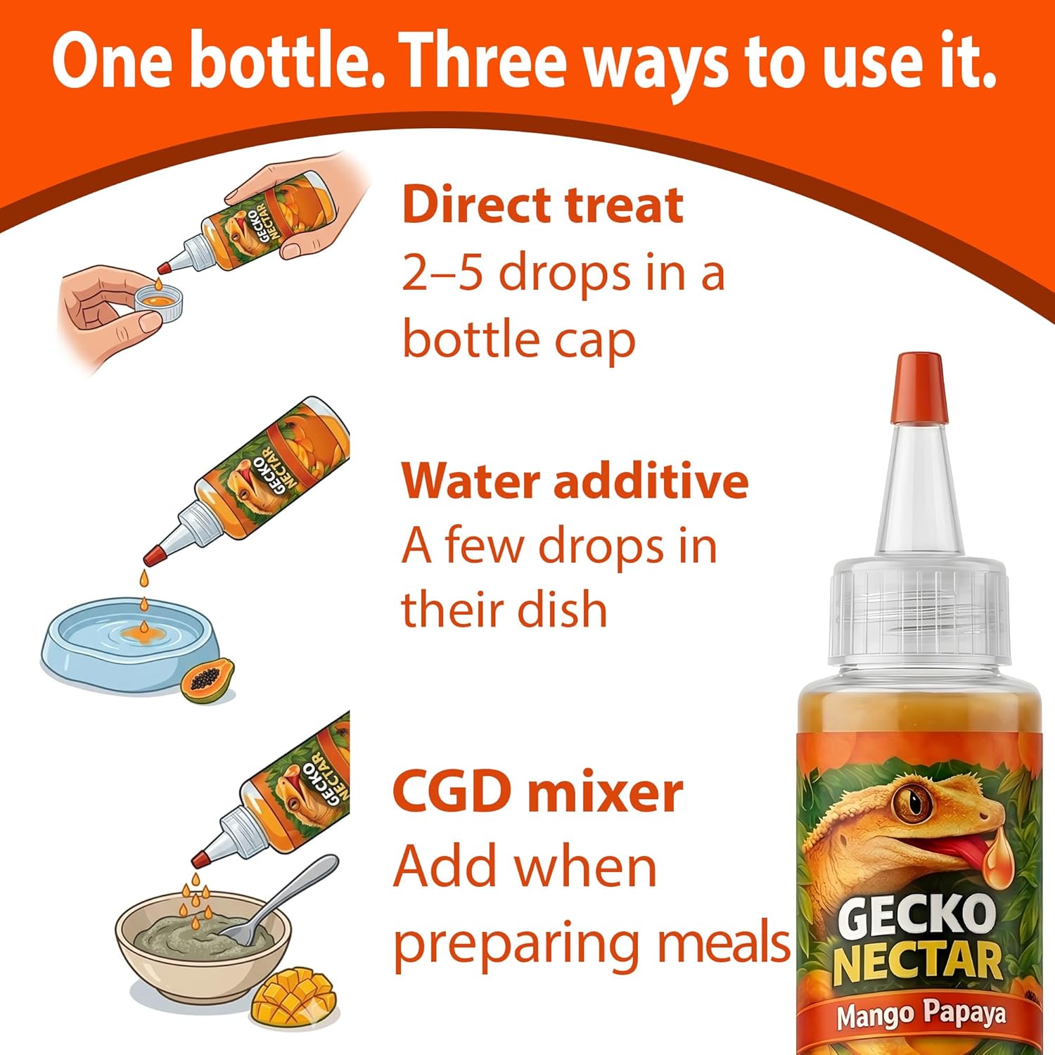 CTWPets Gecko Treat – Liquid Fruit Nectar Drops for Crested Gecko, Day Gecko & Gargoyle Gecko | Treat, Water Additive & CGD Mixer (2oz, Mango Papaya)