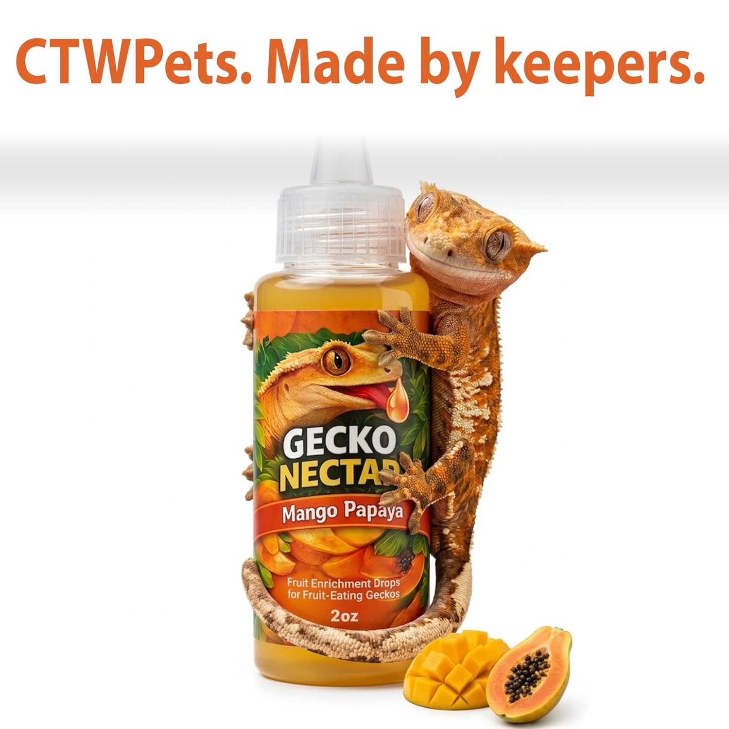 CTWPets Gecko Treat – Liquid Fruit Nectar Drops for Crested Gecko, Day Gecko & Gargoyle Gecko | Treat, Water Additive & CGD Mixer (2oz, Mango Papaya)