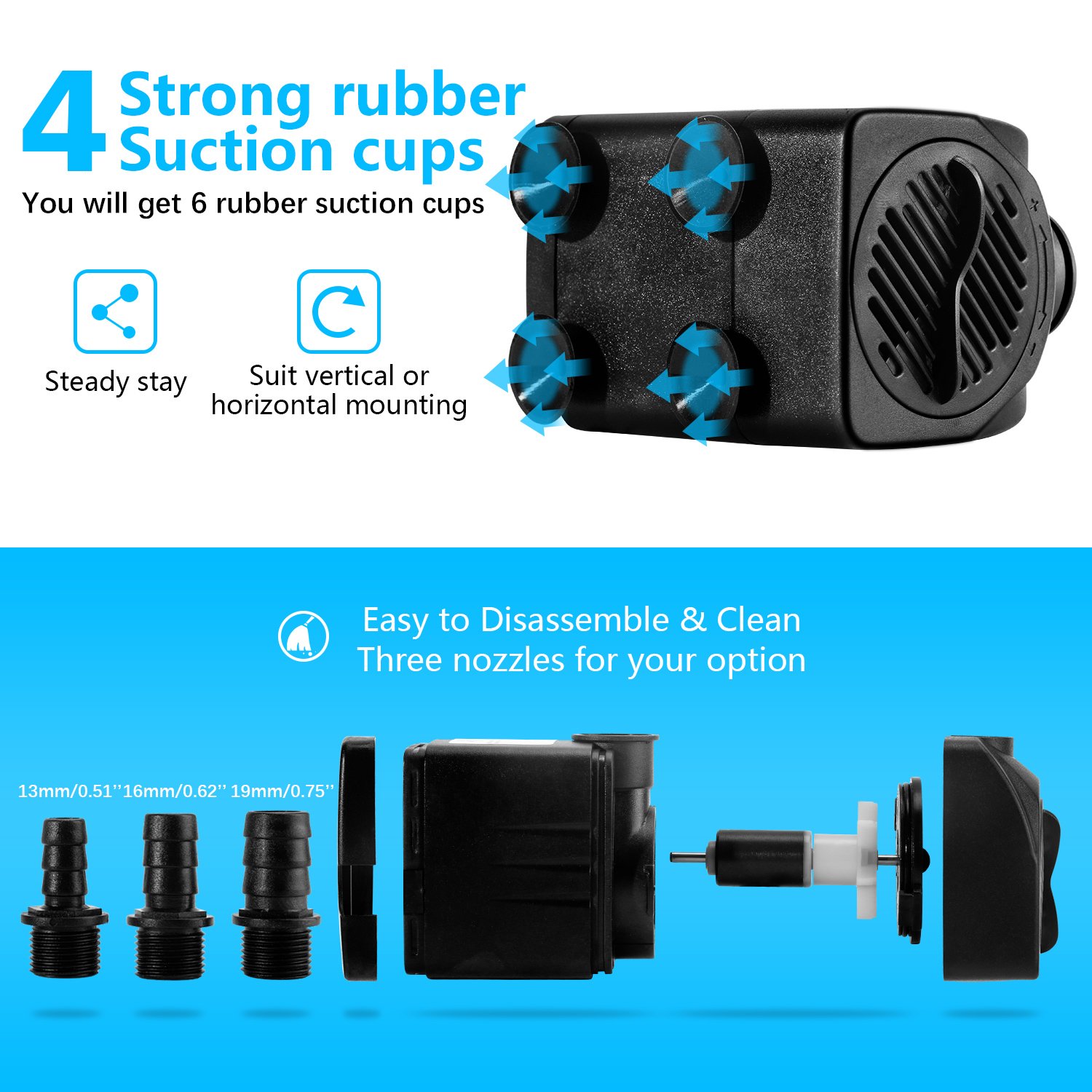 CWKJ Fountain Pump, 400GPH Submersible , Durable 25W Outdoor Water Pump with 6.5ft Power Cord, 3 Nozzles for Aquarium, Pond, Fish Tank, Water Pump Hydroponics, Backyard Fountain