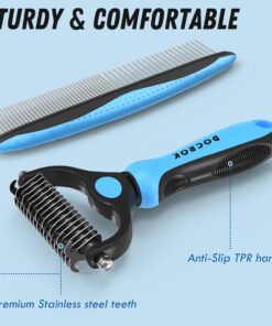 Docrok Pet Grooming Combo - Blue Deshedding Brush with Metal Comb for Detangling and Dematting Long, Matted Fur on Cats and Dogs