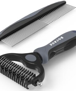 Docrok Pet Grooming Combo - Blue Deshedding Brush with Metal Comb for Detangling and Dematting Long, Matted Fur on Cats and Dogs