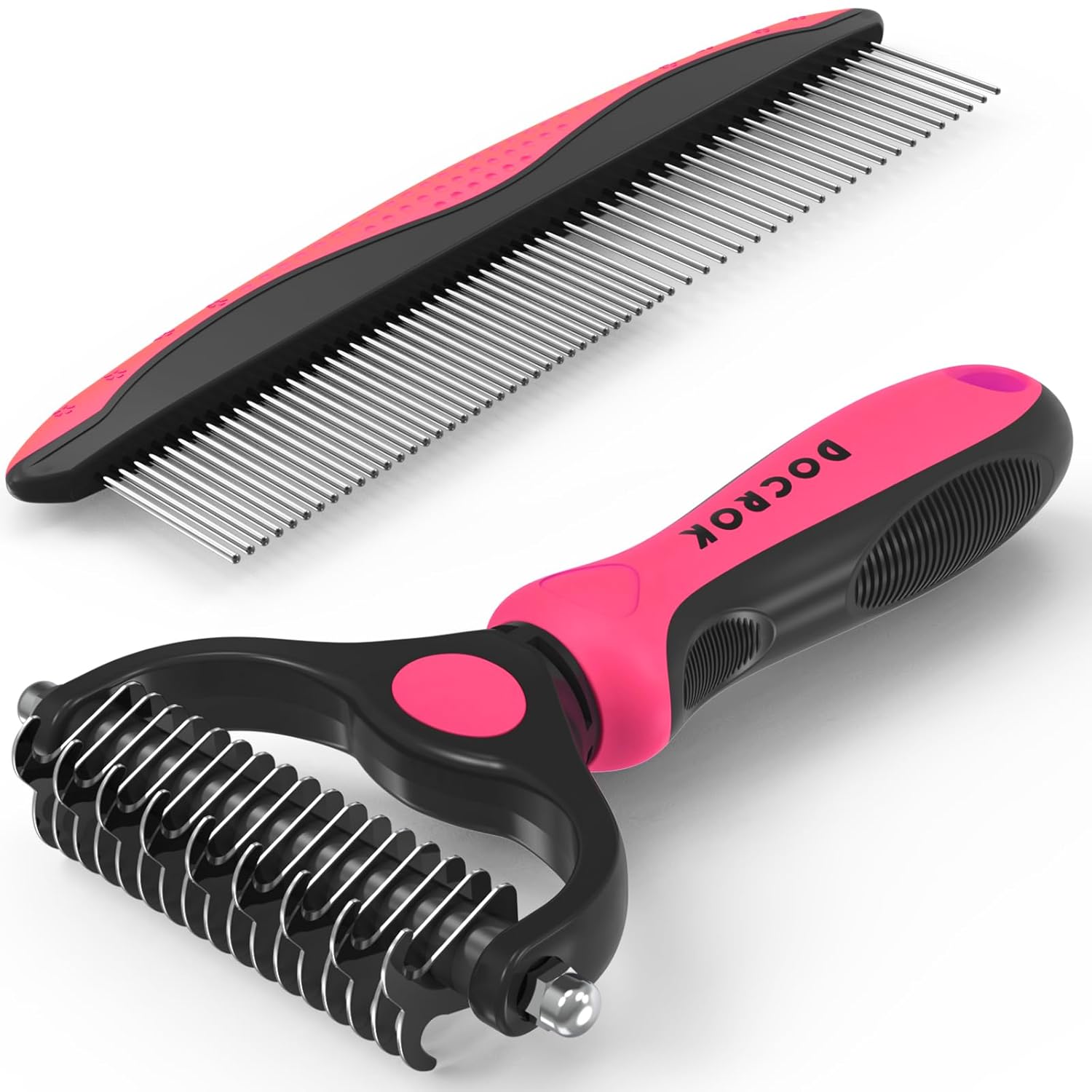 Docrok Pet Grooming Combo - Blue Deshedding Brush with Metal Comb for Detangling and Dematting Long, Matted Fur on Cats and Dogs