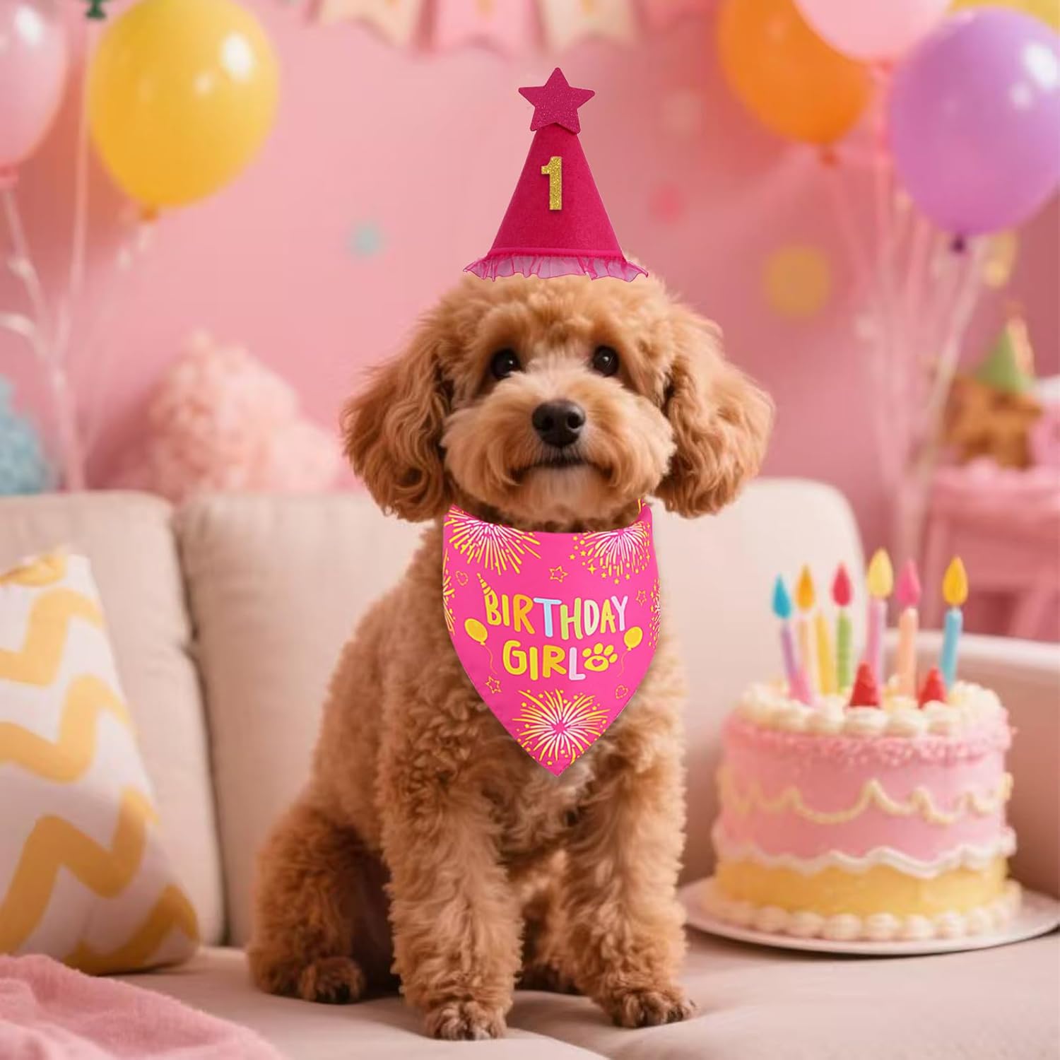 Dog Birthday Decorations Rose Pink, Dog Birthday Party Supplies with Hat Bandana Numbers for Large Medium Girl Pets Puppy