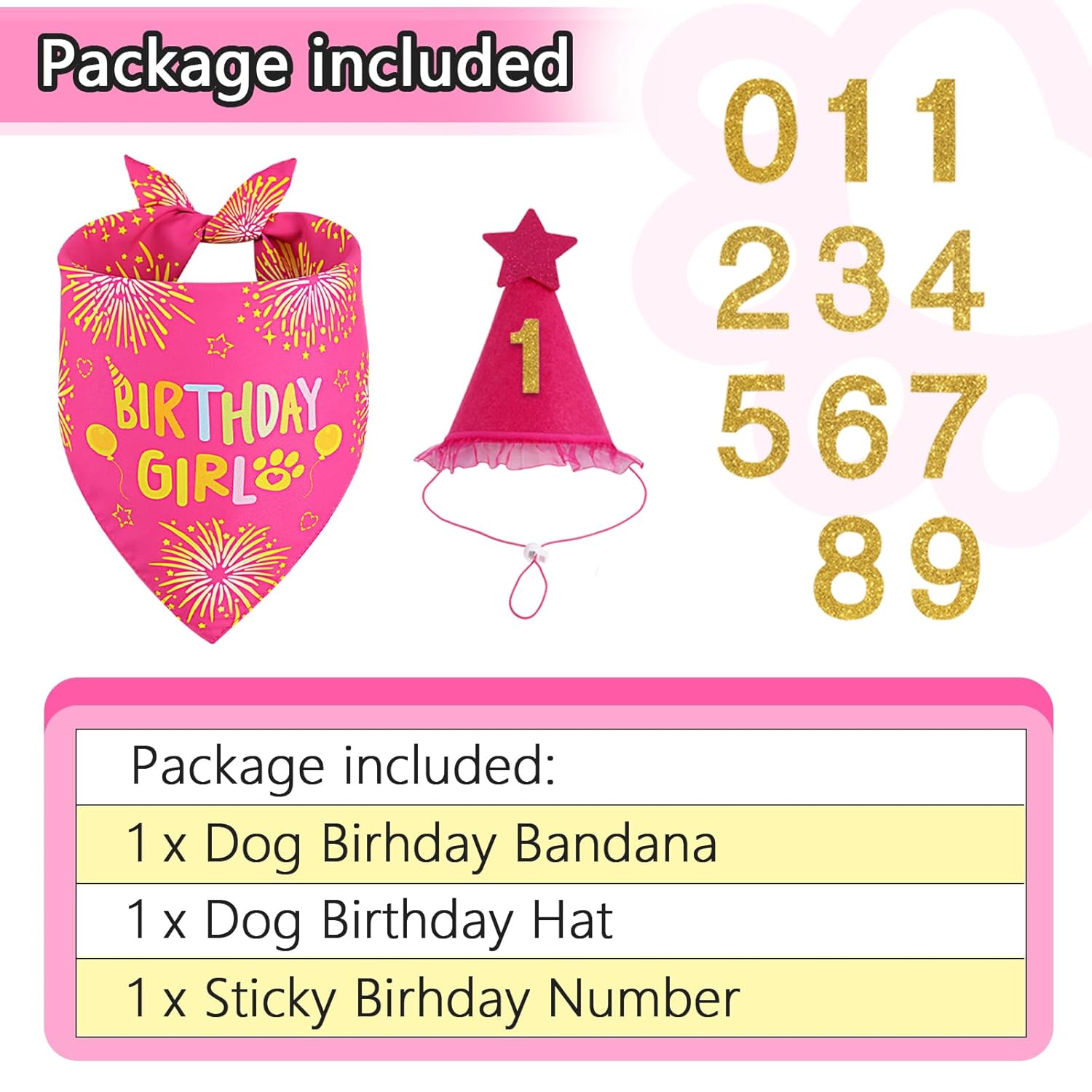 Dog Birthday Decorations Rose Pink, Dog Birthday Party Supplies with Hat Bandana Numbers for Large Medium Girl Pets Puppy