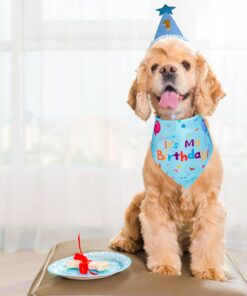 Dog Birthday Party Supplies, Dog Birthday Bandana Set, Dog Boy Girl Birthday Party Hat with Numbers for Large Medium Small Dogs Pet (Blue)