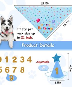 Dog Birthday Party Supplies, Dog Birthday Bandana Set, Dog Boy Girl Birthday Party Hat with Numbers for Large Medium Small Dogs Pet (Blue)